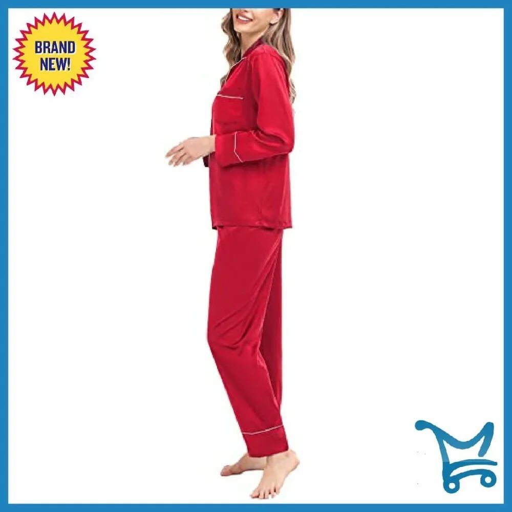 Satin Pajama Set Long Sleeve Button Down Sleepwear Lounge Pjs